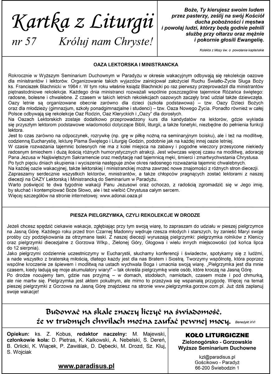 57- Kartka z liturgii – Oaza lektorska i ministrancka; piesza pielgrzymka